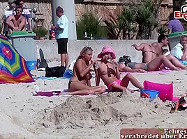 PUBLIC BEACH - German teens 18+ try lesbian games in mallorca holiday
