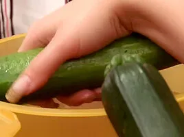 Genevive And Linda Lesbians Putting Vegetables Up Their Ass - Asian, Brunette