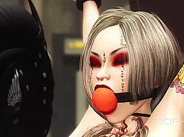 Lesbian sex with strapon in the sci-fi prison with tattooed girl and black woman