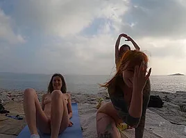 Naked Working Out On A Rocky Beach Cold January Day On Winter Vacation
