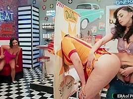 Busty big cock futa waitress fucked by big tit futanari babe