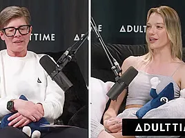 ADULT TIME - Busty Lesbians Octavia Red Kenna James CAUGHT EATING PUSSY On Podcast Set FULL SCENE